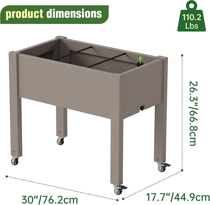 Elevated 26.3" Tall Raised Garden Bed with Wheels - Outdoor Mobile Resin Planter Box with Drainage Holes for Vegetables Flower Herbs, Weather Resistant, Gray (26.3" h)