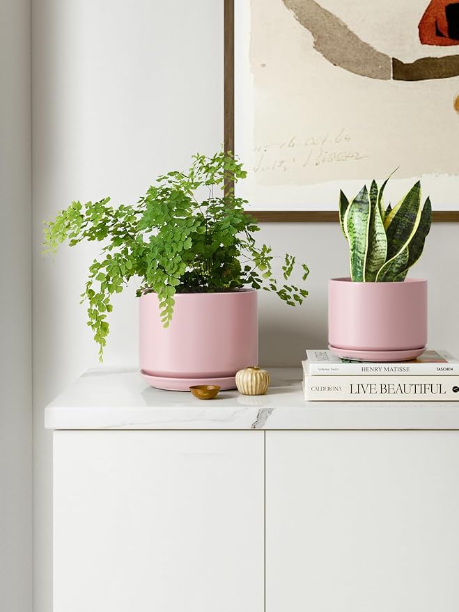 LE TAUCI Ceramic Plant Pots, 4.3+5.3+6.8 inch, Set of 3, Planters with Drainage Hole and Saucer, Indoor Flower Pot with Hole Mesh Pad, Gifts for Mom, Pink