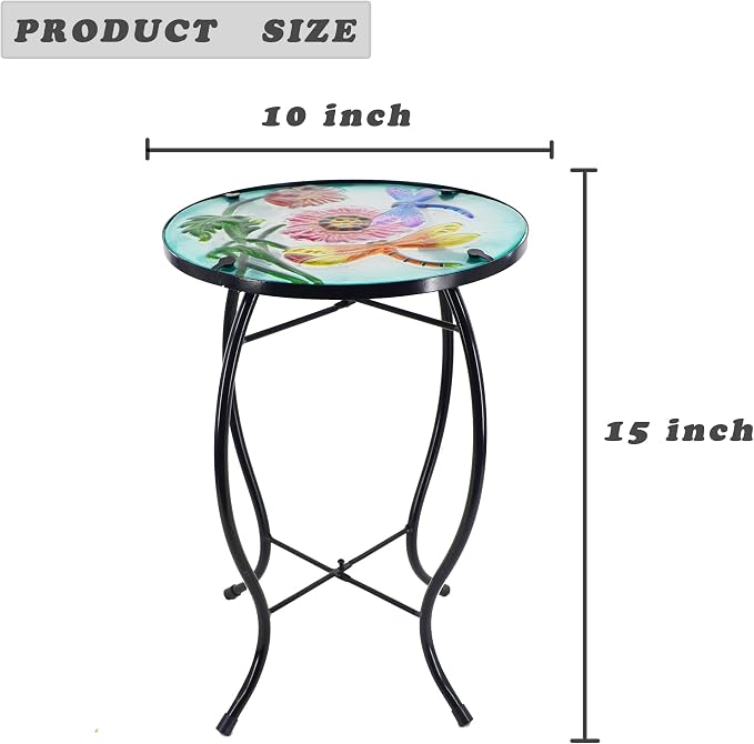 Dragonfly Patio Side Table, Small Patio Outdoor Side Table, Plant Table,Metal Glass End Table for Porch Garden Yard Pool.