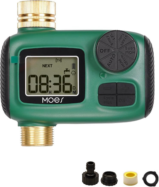 MOES Sprinkler Timer, Brass Inlet & Outlet, Programmable Automatic Irrigation Controller, Rain Delay, Manual Watering, 1 Zone Water Hose Timers for Gardens, Lawns, Hose Systems