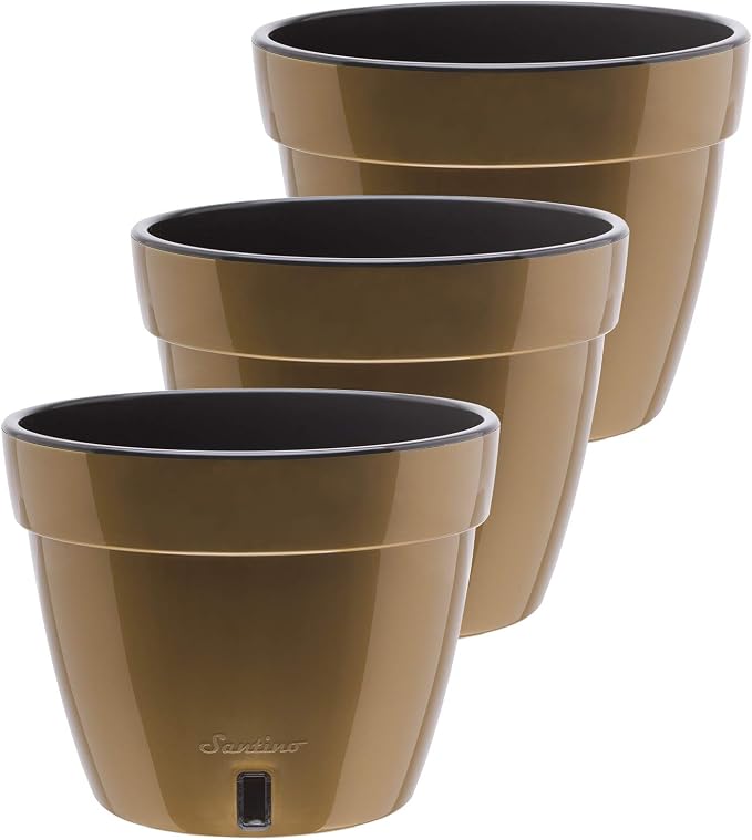 DECOPOTS - 3 Pack - Self Watering Planter - Modern Flower Pot with Water Level Indicator - 6.3" Tall - for All House Plants, Flowers, Herbs (Diameter 7.9", Gold - Black)