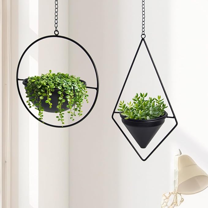 Metal Hanging Planters Set of 2 Modern Indoor Plant Hanger with Round and Diamond Pots, Geometric Small Wall and Ceiling Hanging Plant Holders for Succulents and Herbs, Black Finish