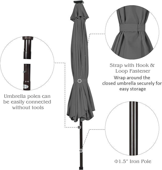 HAPPYGRILL 10FT Patio Umbrella with Lights Outdoor Solar Powered Sunbrella with Tilt Crank Umbrella for Garden Poolside Backyard Beach