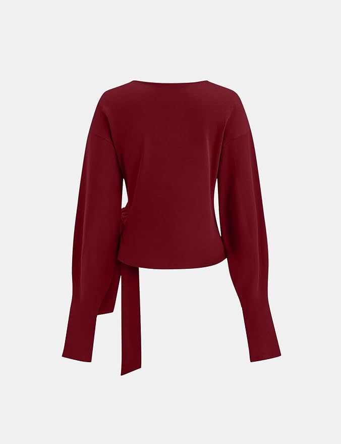 Dsewpaur Twist Knot Tie Front Sweatshirt Tops For Women Long Balloon Sleeve Crew Neck Pullover Casual Fall Outfits