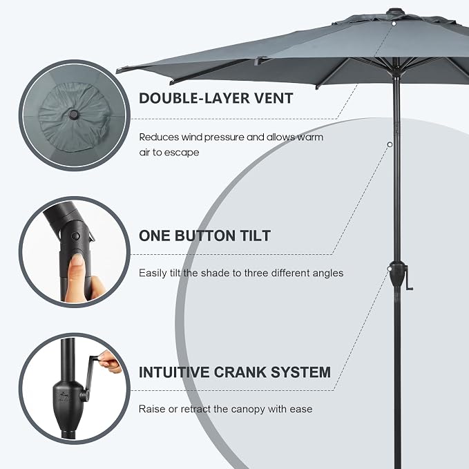 Abba Patio 9FT Lyon Outdoor Patio Umbrella Outdoor Table Umbrella with Push Button Tilt and Crank Market Umbrella 8 Sturdy Ribs UV Protection Waterproof for Garden Deck Backyard Pool Grey