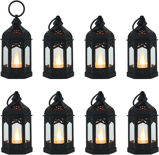 LLQ 8Pcs Mini Lanterns for Centerpiece, Medieval Gothic Fairy Party Decor, Decorative Candle Lanterns for Indoor, Small Vintage Lantern for Halloween Christmas Wedding Table Decor, Black