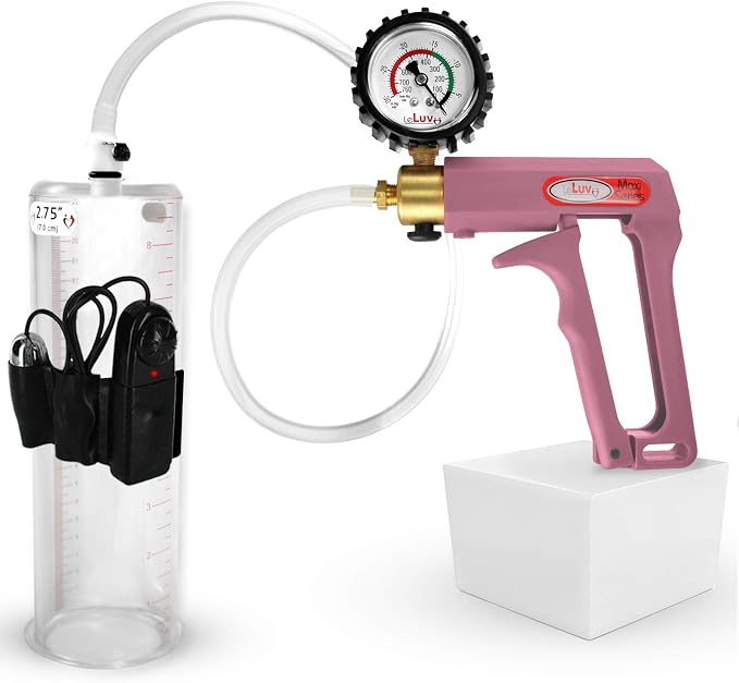 LeLuv Vibrating Penis Pump Maxi - Pink Nylon Handle + Protected Gauge and Clear Hose - 9 inch Length x 2.75 inch Diameter Cylinder
