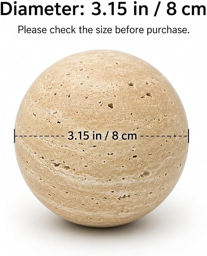 Natural Travertine Decorative Sphere, 3.15 Inch Stone Ball Decor, Hand-Polished Beige Orb Accent for Coffee Table, Shelf, Dresser and Living Room
