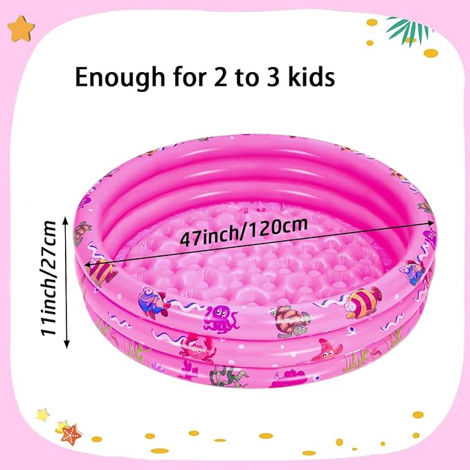 Inflatable Baby Kiddie Pools, 3 Rings Round Swimming Pool, Toddler Fun Water Swim Beach Floaties Toys, Kids Fishing Pond Ball Pit Pool, Small Infant Pool (Pink, 47 inch)