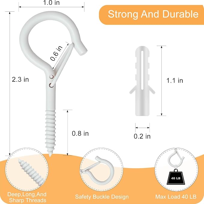 Black Screw Hooks with Safety Lock 2.3" Rustproof Metal Ceiling Hooks for Hanging Plants, Baskets,String Lights & Outdoor Decor, 40LB Capacity (50, White)