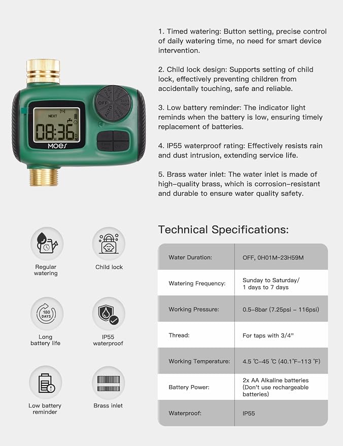 MOES Sprinkler Timer, Brass Inlet & Outlet, Programmable Automatic Irrigation Controller, Rain Delay, Manual Watering, 1 Zone Water Hose Timers for Gardens, Lawns, Hose Systems