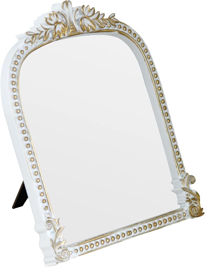 Antique White Plastic Arched Makeup Mirror, Standing, Hanging or Wall Mount, Bathroom, Living Room, Bedroom White and Gold Decorative Mirror (10.6 x 8.6 inch)