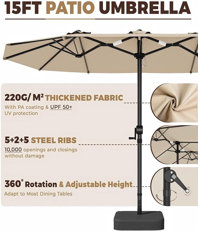 GDPFN 15FT Large Patio Umbrella with Base Included, Outdoor Deck Standing Umbrella with Crank Handle, Double-Side Rectangular Pool Umbrella for Outside, Market, Patio, Beige