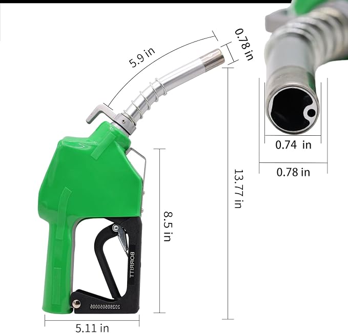 3/4" Inch NPT Green Fuel Nozzle,Automatic Shut Off Heavy Duty W/360° Hose Swivel Gas Fuel Transfer Pump Nozzle,304 13/16" Spout nozzle bushing,Copper Valve,Hook,16 gpm Flow Rate For Gas,Diesel