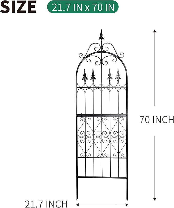 Garden Trellis for Climbing Plants, 70" H x 21.7" W Heavy Duty Metal Trellis, 6FT Rustproof Black Iron Vine Support Trellis with 9.2" Ground Stakes, Decorative Cupid Arrow Design Roses, Vines