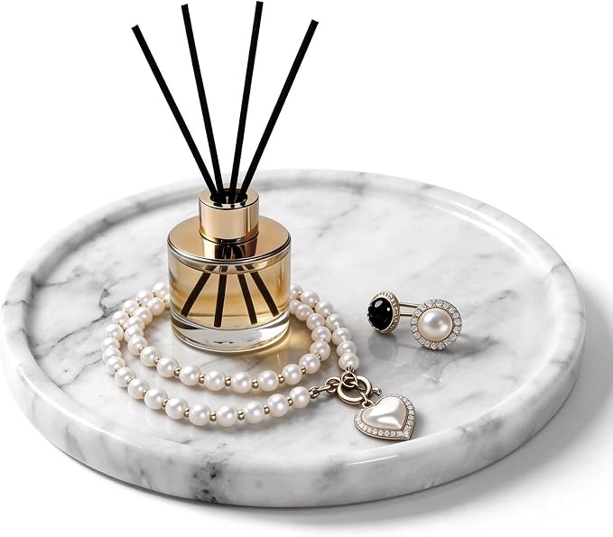 Natural Round Marble Tray - 7.8" Marble Vanity Tray for Dresser, Bathroom, Decorative Jewelry Dish for Perfumes Rings Earrings Necklaces, Stone Tray for Home Décor, White