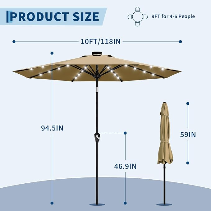 Garvee 10FT Solar Patio Umbrella with 32 LED Lights - Outdoor Table Umbrella with Crank Lift, Push Button Tilt and 8 Sturdy Ribs - Market Umbrella UV Protection for Pool, Deck, Yard, Garden -Tan