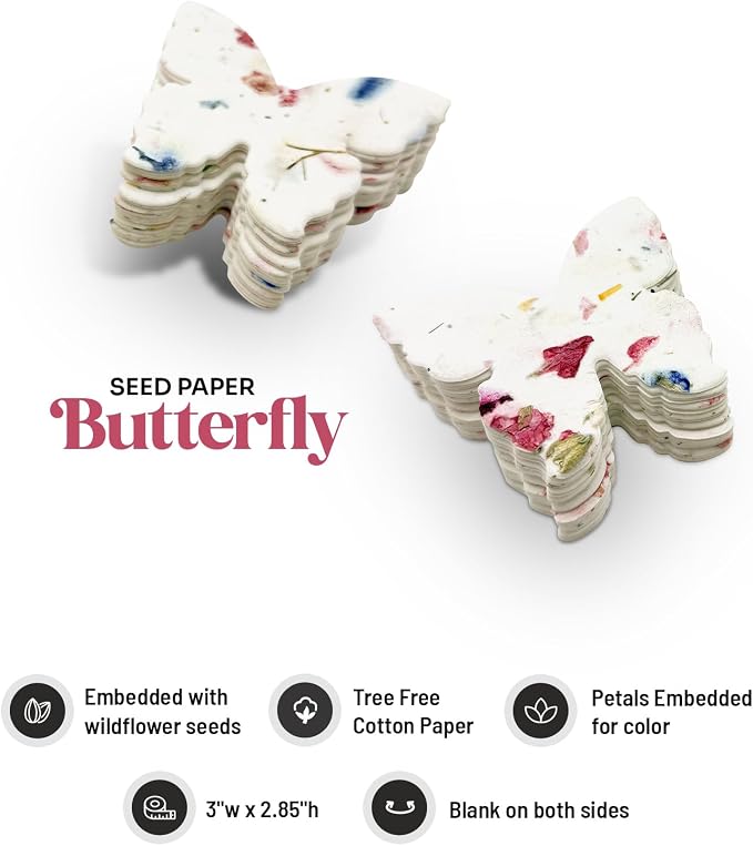 50pcs Large (2.85" h x 3" w) Pink Butterfly Gift Wrap Tags Seed Paper – Writable & Plantable Wildflower, Mom's Gift for Birthday, Use for Wedding, Baby Shower, & Party Favors