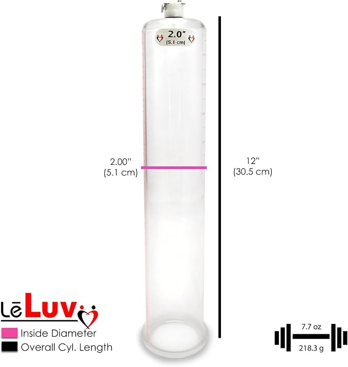 LeLuv Vibrating Penis Pump Maxi Red Handle + Protected Gauge - Bundle with Clear Hose - 12 inch Length x 2 inch Diameter Cylinder