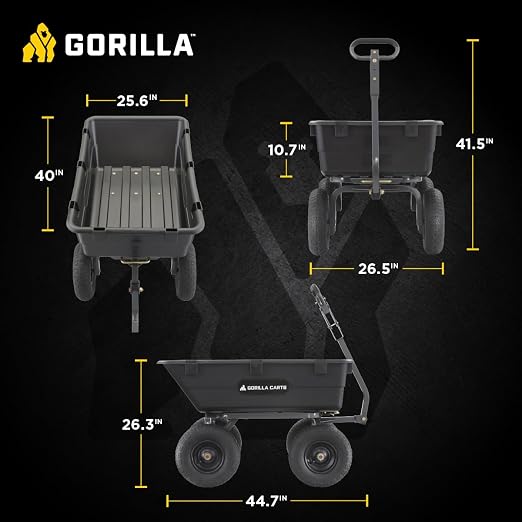Gorilla Carts Heavy-Duty Poly Yard Dump Cart, 6 Cu Ft Tub, 1200 lb Haul Capacity, Black – Towable Utility Wagon with Quick-Release Dumping & Pneumatic Tires for Landscaping and Gardening