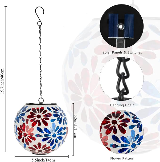 Solar Hanging Lanterns Glass Mosaic Gazing Ball Globe Blue Red Hanging Lantern Lights Outdoor Waterproof for Garden Yard Patio Home Decor (Flowers)
