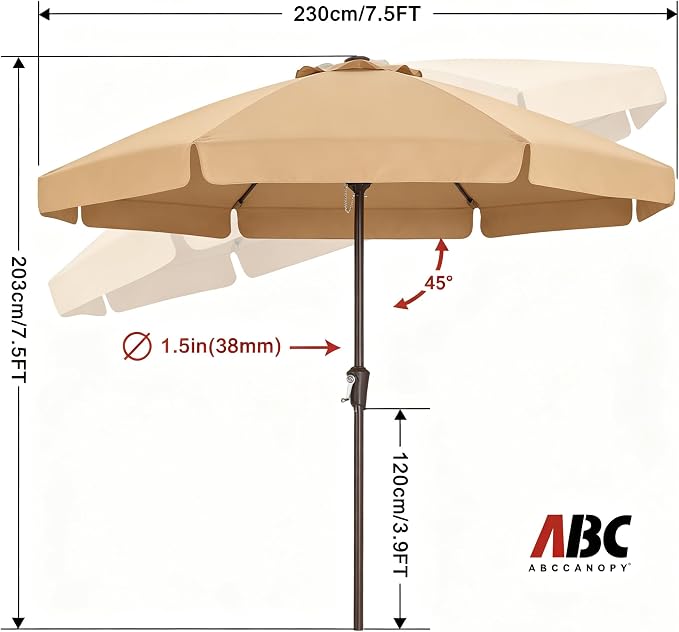 ABCCANOPY 7.5ft Scalloped Patio Umbrella, Outdoor Table Umbrella with Tilt and Crank, Fiberglass Ribs Deck Umbrella for Patio, Pool, Garden, Picnic (Tan)