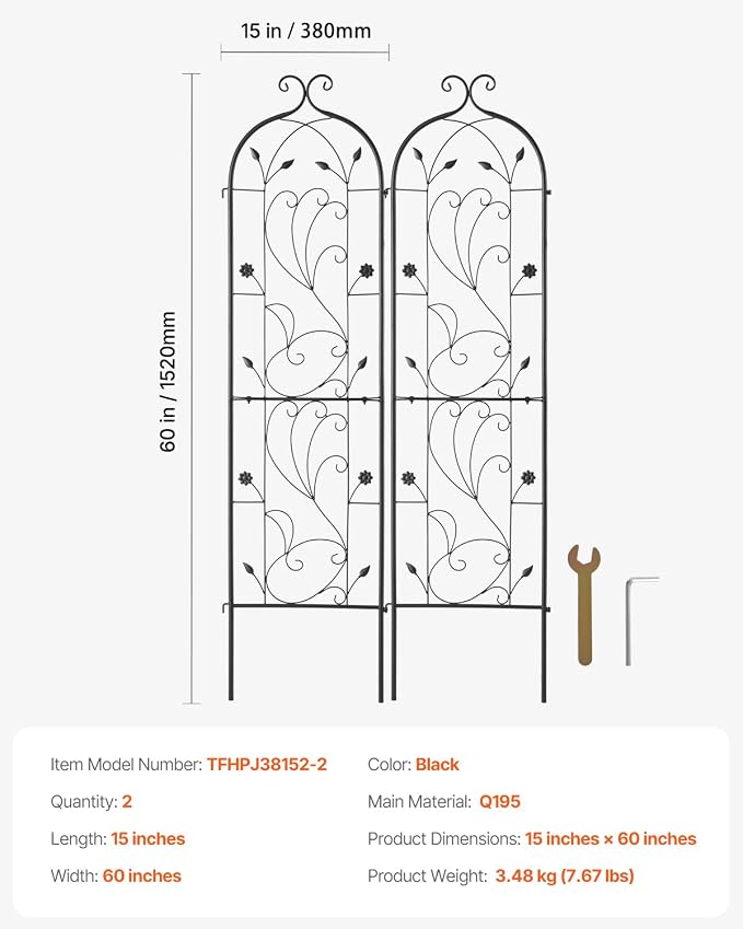 VEVOR Garden Trellis for Climbing Plants, 60 x 15 in, 2 Packs Rustproof Metal Garden Flower Trellis, Outdoor Climbing Rose Trellis Cucumbers Support, Decorative Clematis Trellis for Courtyards Lawns