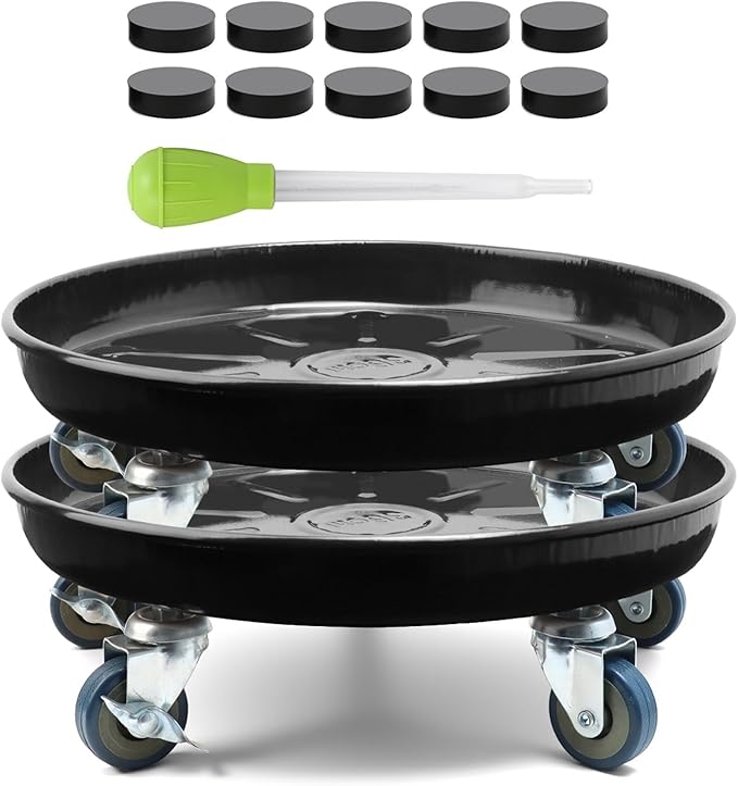 2 Pack 17 Inch Metal Plant Caddy With Lockable Wheels,Plant Stand Dolly for Heavy Planter,Wheeled Planter Saucer Tray,Rolling Plant Stand,Heavy-Duty Plant Caddy for Indoor and Outdoor(Black)