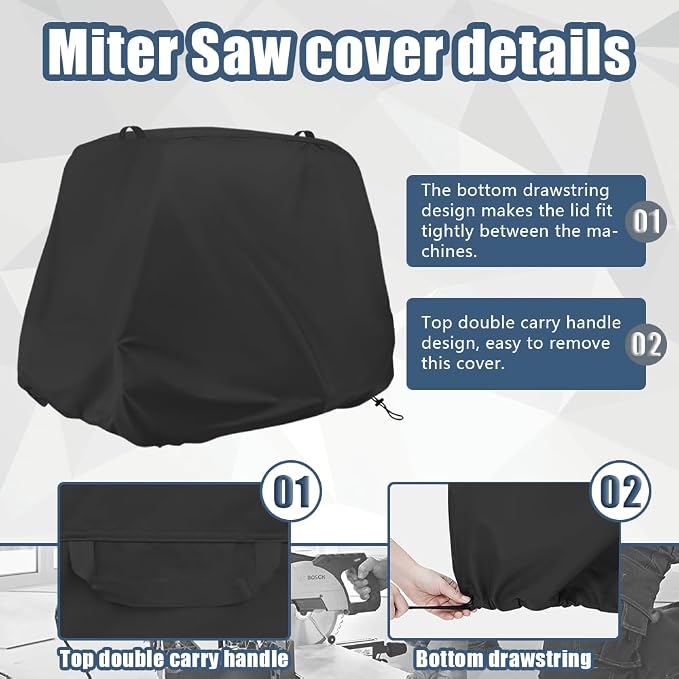 Miter Saw Cover, Waterproof Dust Cover for 10" and 12" Sliding Miter Saws | Black, Dual Handles, Buckle Secure, Windproof Drawstring, 600D Oxford Fabric, Garage & Workshop Storage, Miter Saw Dust Cover