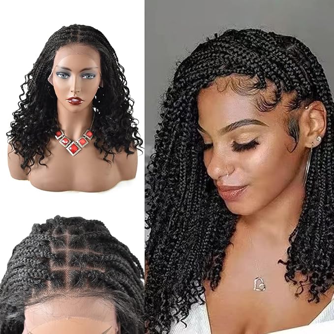 Lace Braids Wig For Black Women Box Braided Wigs Curly Swiss Lace Front Braid Wigs Hand Tied Micro Twist Braiding Wig Knotless Synthetic Braids Wig With Baby Hair (LL602483C, #1B)