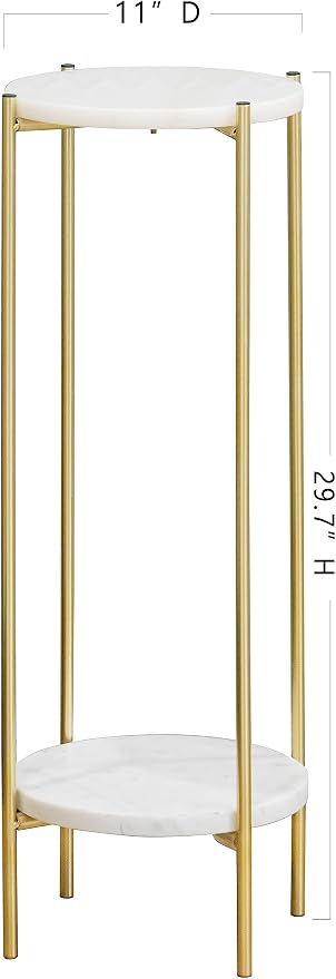Gold Plant Stand Indoor Tall - 2 Tier White Marble Top Side Table, 29.5 Inch Modern Round Metal End Table for Living Room Corner, Small Bedside Tables for Entryway & Bedroom (11x11, Gold)