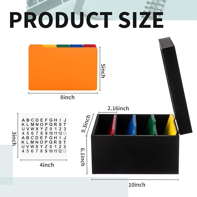 Henoyso 5 x 8 Inch Index Card Holder Set, Bamboo Organizer Box with 50 Dividers & 2 Sheets Alphabet Number Stickers File Note Holders, Holds 1200 Cards for Office Business Home Kitchen, Black