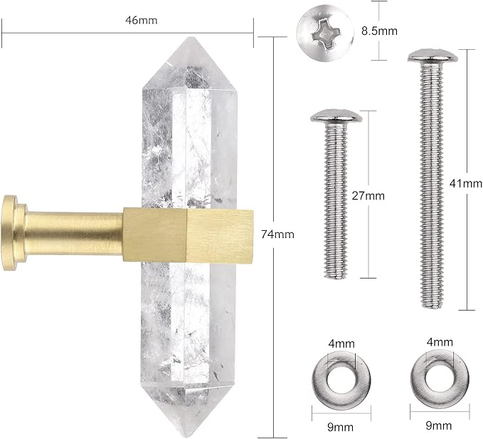 mookaitedecor Set of 2 Rock Quartz Double Crystal Points Drawer Knobs with Screws, Decorative Stone Cabinet Handle Pulls for Dresser Cupboard Kitchen Decor, Brushed Brass