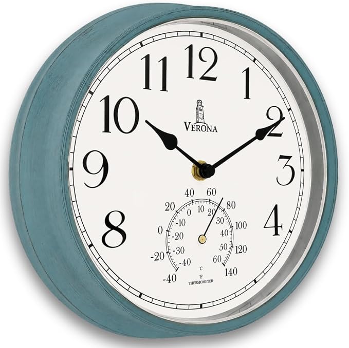 Outdoor Clocks for Patio Waterproof with Thermometer — Teal 9.5 Inch Indoor Outdoor Wall Clock with Temperature Display — Weatherproof, Accurate & Easy to Read for Pool, Garden & Home Decor