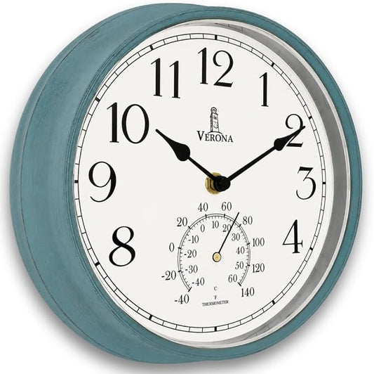 Outdoor Clocks for Patio Waterproof with Thermometer — Teal 9.5 Inch Indoor Outdoor Wall Clock with Temperature Display — Weatherproof, Accurate & Easy to Read for Pool, Garden & Home Decor