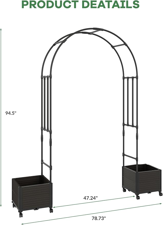 47 in Tall Garden Arch Trellis for Climbing Plants – Metal Wedding Arch with Planter Box, Flower Frame Backdrop Stand – Rustproof Arbor for Wedding, Party, Balloon Decor & Outdoor Plant Support