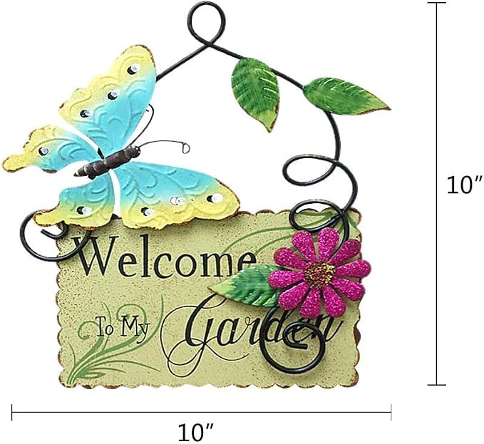 Linfevisi Metal Garden Welcome Sign Decor Rustic Hanging Plaque Decorative Garden Hanging Sign Welcome to My Garden Door Sign with Butterfly Daisy Outdoor Front Porch Yard 10 Inch (Green)
