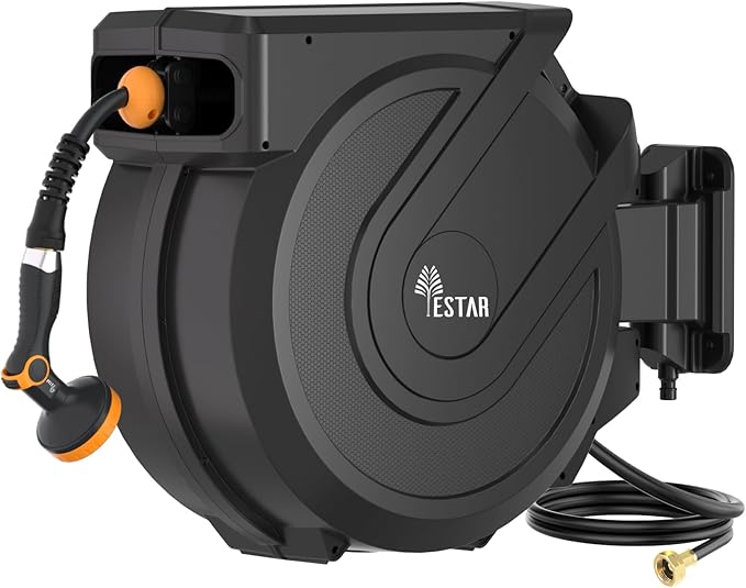 Retractable Garden Hose Reel 1/2 in x100 ft, Heavy Duty Wall Mounted Hose Reel with 10- Function Sprayer Nozzle, Any Length Lock/Automatic Slow Return System,180° Swivel Bracket