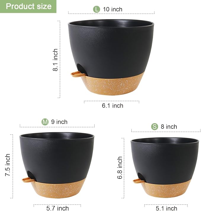 WSMKSZ 10/9/8 inch Medium Self Watering Pots, Planter, Plant Pots with Mesh Drainage Holes for Indoor Outdoor Garden Plants, Plastic Flower Pots with Removable Deep Reservoir, Black with Brown
