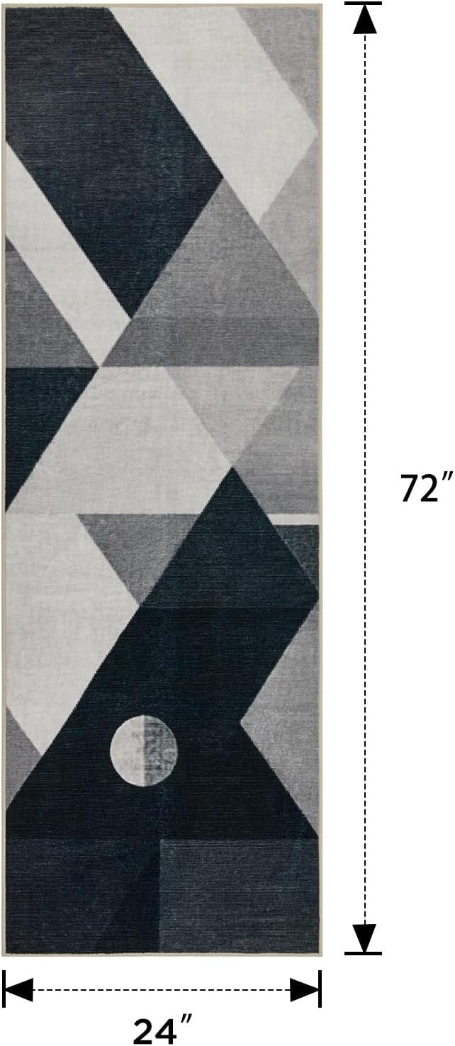 Joydeco 2x6 Geometric Washable Hallway Runner Rug, Black Grey White | Modern Non-Slip Low Pile Soft Stain Resistant Dark Gray Pet Child Friendly Carpet for Bedroom Entryway Kitchen Laundry Room
