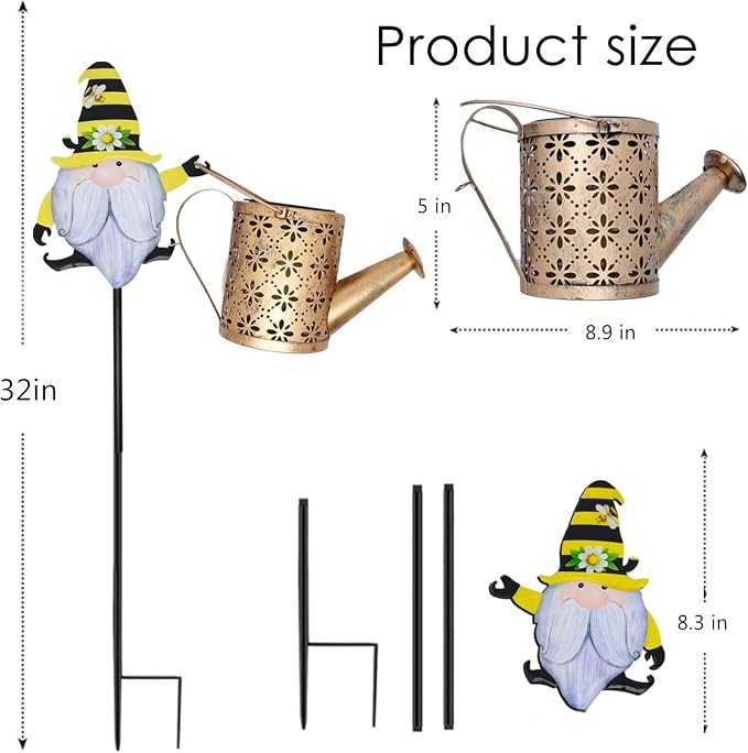 Solar Watering Can with Cascading Lights Outdoor Garden Decor, Gnome Shaped Hook Gardening Gifts for Mom Women Grandma Birthday, Solar Lights for Garden Decorations Patio Yard Lawn Backyard