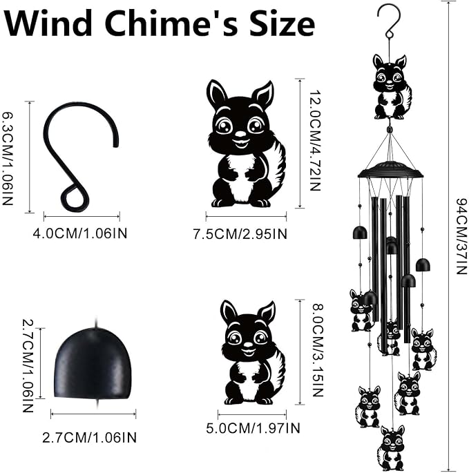 Squirrel Wind Chimes for Outside/Indoors, Squirrel Gifts for Women Mom Grandma, Aluminum Tubes Windchimes S Hook, 37" Wind Chime Hanging Decor for Home Patio Garden Porch Yard (Black-Squirrel)