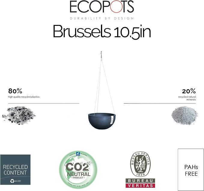 Ecopots Hanging Brussels Durable Modern Round Indoor/Outdoor Recycled-Based Composite Flower Pot Planter, Dark Blue, 10.5"