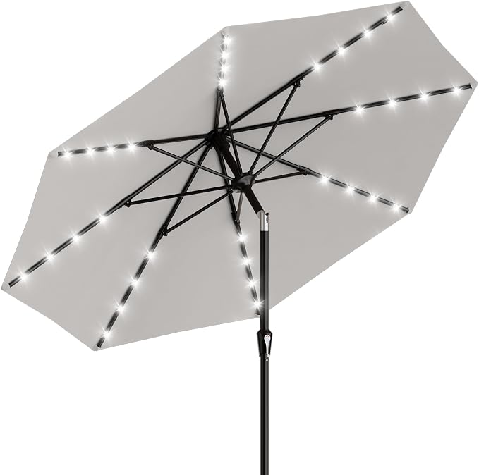 AreShark 9FT Patio Umbrella with Solar Lights, 32 Lighted Pool Umbrella w/Tilt and Crank, Outdoor Market Solar Umbrellas for Garden, Deck, Backyard, Pool and Beach, Light Gray