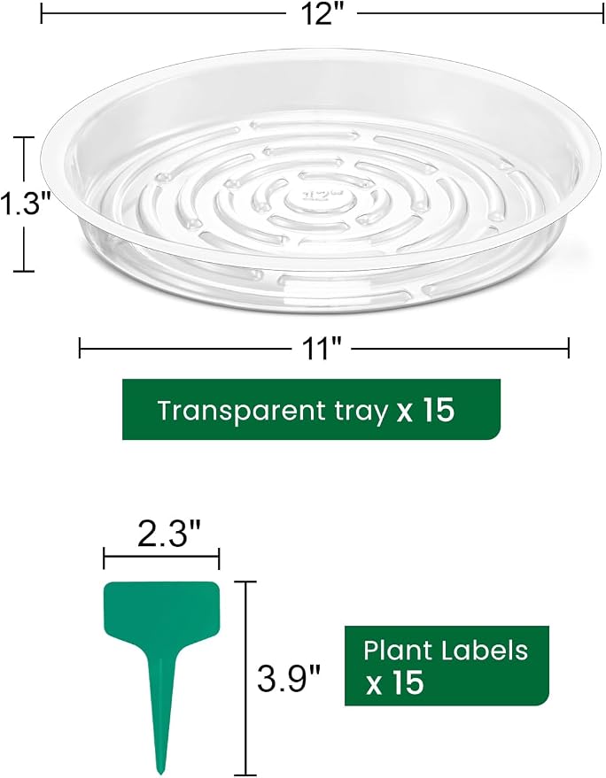 GROWNEER 15 Packs 12 Inches Clear Plant Saucers Flower Pot Trays, with 15 Pcs Plant Labels, Plastic Plant Saucer Drip Trays for Indoor Outdoor Plants Garden