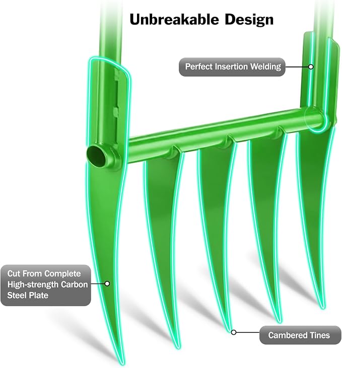 56'' Heavy Duty Broadfork for All the Soils, Unbreakable Pitchfork, 5 Sharp Cambered 11'' Tines Bord Fork Garden Tool, Ergonomic Handles, Good Package, Easy Assembly, Cultivator & Tiller, Green.