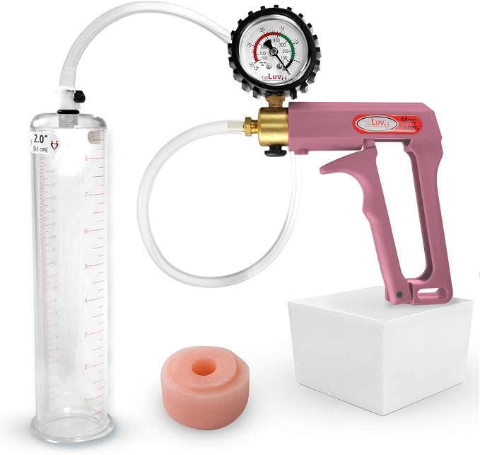 LeLuv Penis Pump Maxi Pink Nylon Handle + Protected Gauge - Bundle with Clear Hose, Silicone Donut Seal - 9 inch Length x 2 inch Diameter Cylinder