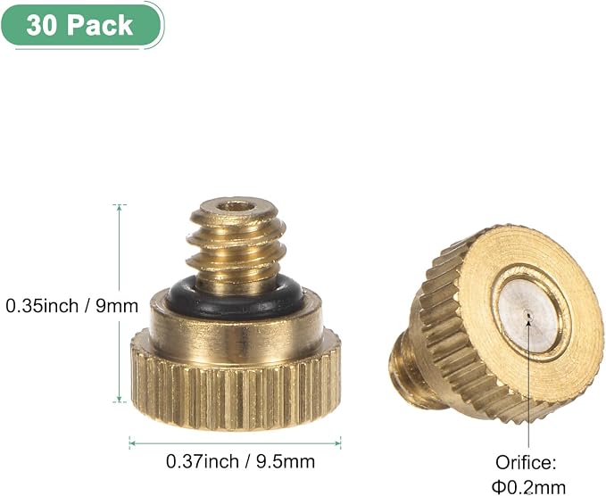 M METERXITY 30-Pack Brass Misting Nozzle, 0.008" 0.2mm Orifice 10/24 UNC O-Ring Replacement Mister Nozzles Plug Mister Heads for Garden Patio Outdoor Cooling System Low-Pressure Atomizing