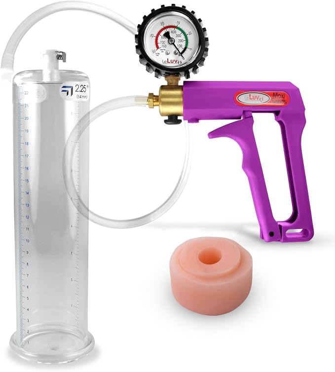 LeLuv Maxi Penis Pump - Purple Handle + Clear Hose, Protected Gauge - Bundle with Silicone Donut Seal - 9" Length x 2.25" Diameter Round-Flange Cylinder