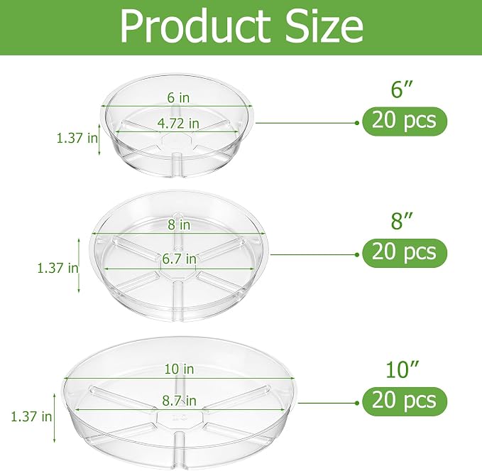 Gejoy 60 Pack Plant Saucers 6inch /8inch /10inch, Thick Durable Clear Plastic Plant Trays for Pots, Heavy Duty Drip Trays Water Catcher Flower Pot Saucers for Indoor Outdoor, Prevent Water Overflow